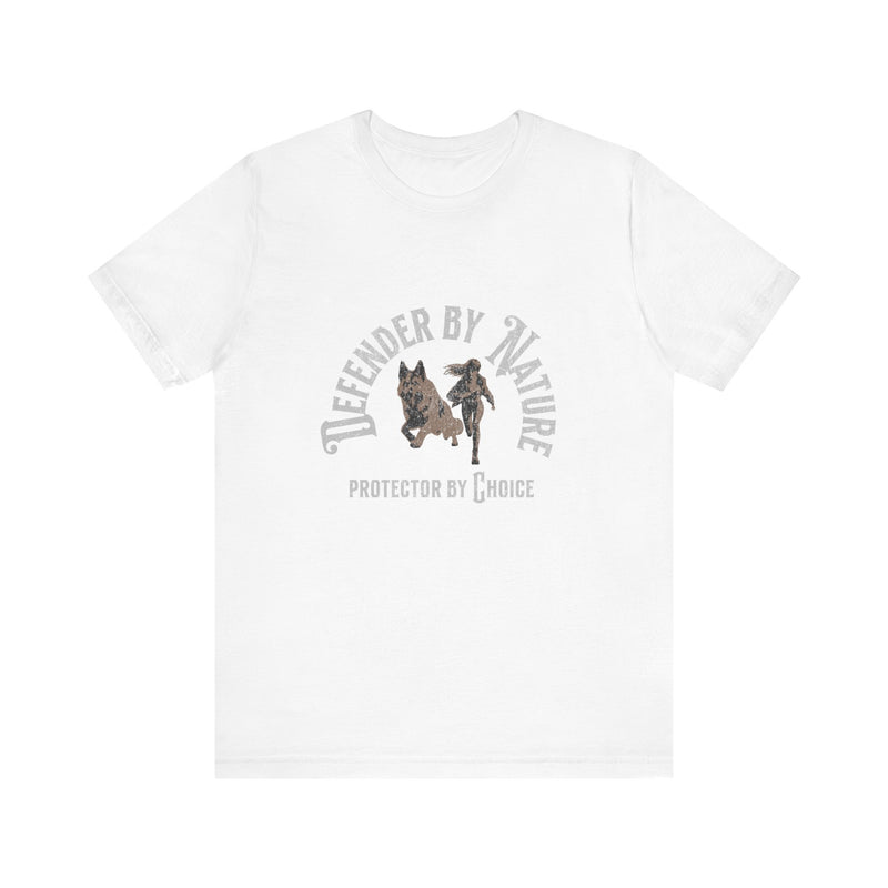 Defender by Nature, Protector by Choice German Shepard and Girl Unisex Jersey Short Sleeve Tee